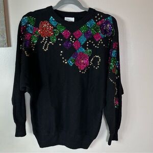 Vibrant vintage Black Sweater with Floral Embellishments